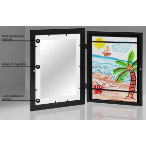 Rama Foto Flippy, din Lemn, cu Spatiu Pentru Depozitare, Pentru Desene si Picturi A4, Sticla Securizata, Rama MDF, Negru - Img 4