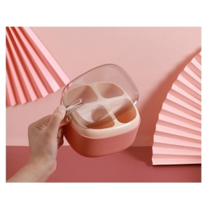 Recipient pentru condimente Flippy, 4 casute, potrivit pentru sare, cimbru, piper, condimente, 4 lingurite din plastic, capac din plastic, maner, 14x14x8 cm, roz - Img 3