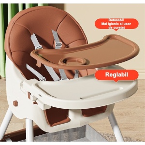 Scaun de masa pentru bebelusi si copii Flippy, cu roti, telescopic, pliabil, masuta reglabila, suport picioare, scaun invelis piele artificiala, centura siguranta, spatiu depozitare, 97 x 73 x 65 cm, maro - Img 5