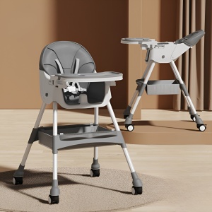 Scaun de Masa pentru Bebelusi si Copii, Flippy, cu Roti, Telescopic, Pliabil, Masuta Reglabila, Suport Picioare, Scaun cu Invelis Piele Artificiala, Centura Siguranta, Spatiu Depozitare, 97x73x65 cm, Gri - Img 2