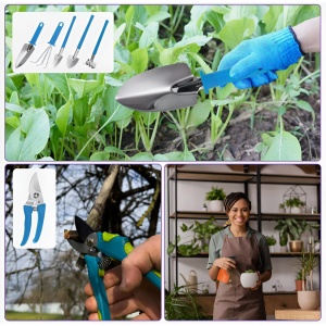 Set 10 Unelte de Gradina, Flippy, pentru Plantare Prelucrare Sol si Ingrijire Plante, Manere Albastre, Material PVC si Otel Inoxidabil, Cutie Inclusa, 37x28x7 cm, Negru - Img 9