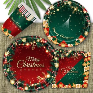 Set 119 Piese, Flippy, pentru Masa de Craciun, Farfurii 18 cm, Farfurii 23 cm, Pahare, Servetele, Tacamuri, Fata de Masa, Ghirlanda, Paie, Rosu/Verde - Img 5