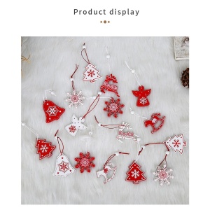 Set 12 Decoratiuni de Craciun din Lemn, Flippy, cu Snur pentru Agatare in Brad, Model Brazi si Fulgi de Nea, Alb-Rosu - Img 3