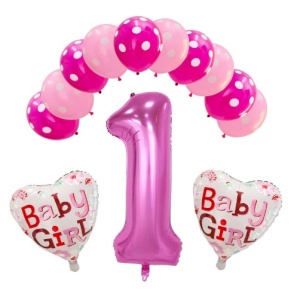 Set 13 baloane, pentru Prima Aniversare, 10 baloane latex, 2 baloane inima folie, cifra 1, Roz
