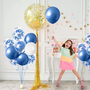 Set 16 Baloane din Latex Metalizate, Flippy, Model Party, 30 cm, Alb, Albastru, Albastru Chrome, Transparent Confetti 2.8 g - Img 2