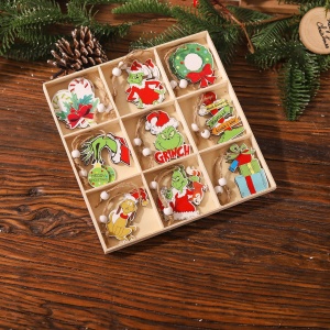 Set 18 Decoratiuni de Craciun din Lemn, Flippy, cu Snur pentru Agatare in Brad, Model Grinch, Diferite Dimensiuni, Multicolor - Img 5