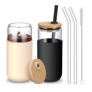 Set 2 Pahare din Sticla Termoizolante Transparente, Flippy, Capace si Paie Incluse, 500 mL, Silicon Negru si Crem - Img 2