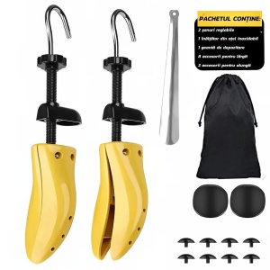 Set 2 Sanuri/Calapoade Reglabilile, Flippy, pentru Alungit si Largit Pantofi, Geanta si Incaltator Incluse, Universale, Unisex, din ABS Premium, Arc, Marime 40 - 47, Galben/Negru - Img 3