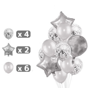 Set 25 de Baloane din Folie Metalizata si Latex, Flippy, Figurine 2 Stele, 4 Baloane Confetti, 13 Litere, 6 Latex, Model Happy Birthday, Tema Aniversare, 40 cm, Ambalaj Individual, Pai Inclus, Umflare cu Aer sau Heliu, Argintiu - Img 2