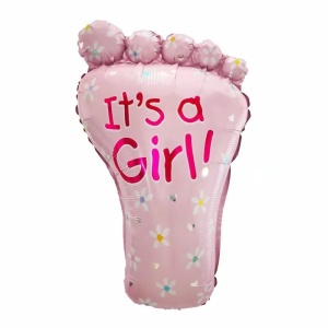 Set 3 Baloane din Folie Metalizata, Flippy, Figurine Picior 46x79 cm, Inima 45 cm, Stea 45cm, Model It's a Girl, Tema Gender Reveal, Ambalaj Individual, Pai Inclus, Umflare cu Aer sau Heliu, Roz - Img 2
