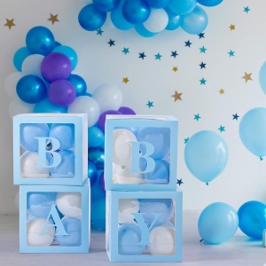 Set 4 Cutii pentru Baloane, Flippy, Model Scris Baby, Tematica Iubire, Cuburi Decorative din Plastic, Accesorii pentru Petrecere, 30 x30 cm, Transparente Contur Albastru - Img 6