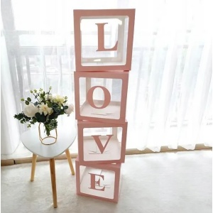 Set 4 Cutii pentru Baloane, Flippy, Model Scris Love, Tematica Iubire, Cuburi Decorative din Plastic, Accesorii pentru Petrecere, 30 x30 cm, Transparente Contur Roz - Img 3
