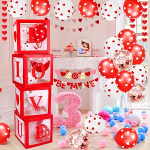 Set 4 Cutii pentru Baloane, Flippy, Model Scris Love, Tematica Iubire, Cuburi Decorative din Plastic, Accesorii pentru Petrecere, 30x30 cm, Transparente Contur Rosu - Img 3