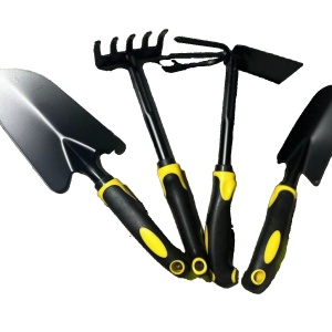 Set 4 Unelte de Gradina Flippy, pentru Plantare, Prelucrare Sol si Ingrijire Plante, Material PVC Carbon, Grebla, Sapaliga cu Cap Dublu, Lopata Mica, Lopata Lata, 43 x 11 cm, Negru/Galben - Img 1