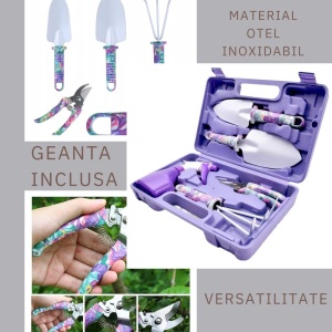 Set 5 accesorii pentru gradinarit Flippy, geanta depozitare inclusa, otel inoxidabil, 38 x 29 cm, mov - Img 3