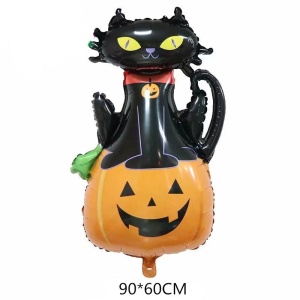 Set 5 Baloane din Folie Metalizata, Flippy, Figurine, Tema Halloween, Pai Inclus, Ambalaj Individual, Umflare cu Aer sau Heliu, Figurina Dovleac si Pisica 90x60 cm, Stelute si Cerculete 45 cm, Portocaliu-Negru - Img 3