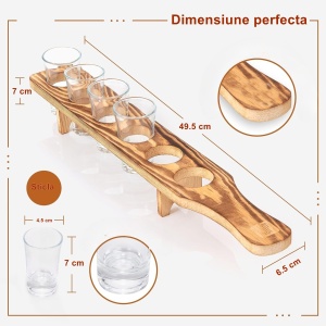 Set 6 Pahare Shot din Sticla Flippy, cu Suport din Lemn, Design Rustic, 49.5 x 7 x 6.5 cm, Maro - Img 2