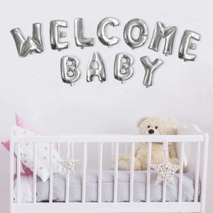 Set Baloane din Folie Metalizata, Flippy, Figurine Litere, Model Welcome Baby, Tema Aniversare, 40 cm, Ambalaj Individual, Pai inclus, Umflare cu Aer sau Heliu, Argintiu - Img 3