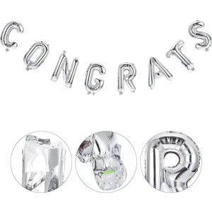 Set Baloane din Folie Metalizată, Flippy, Model Congrats, Litere de 40 cm, Baloane Absolvire, Ambalaj Individual, Pai inclus, Umflare cu Aer sau Heliu, Argintiu - Img 3