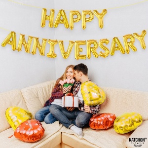 Set Baloane din Folie Metalizata, Flippy, Model Happy Anniversary, Litere de 40 cm, Baloane Party, Ambalaj Individual, Pai Inclus, Umflare cu Aer sau Heliu, Auriu - Img 6