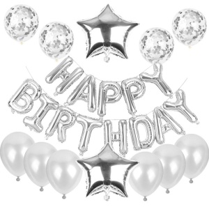 Set baloane din folie metalizata si baloane din latex, baloane HAPPY BIRTHDAY, 4 baloane latex Confetti, 6 baloane latex Roz, 2 baloane folie Steluta, 40cm, Argintiu