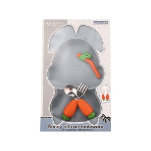 Set diversificare bebelusi Flippy, din silicon, 26 x 15 cm, 1 farfurie compartimentata in forma de iepure, lingurita si furculita, pai, perie pai, fara alergeni, ventuza fixare, forma creativa, bleumarin - Img 1