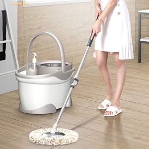 Set Galeata si Mop Rotativ 360°, Flippy, Cu Dubla Actiune Centrifuga, Pentru Uz Casnic, Maner din Otel Inoxidabil Telescopic, 2 Capte din Bumbac, 46x27x29 cm, Alb - Img 4
