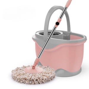Set Galeata si Mop Rotativ 360°, Flippy, Cu Dubla Actiune Centrifuga, Pentru Uz Casnic, Maner din Otel Inoxidabil Telescopic, 2 Capte din Bumbac, 46x27x29 cm, Roz - Img 4
