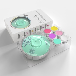 Set Pila Electrica pentru Copii si Bebelusi, Flippy, ABS, Incarcare USB, Model cu Flori, 6 Accesorii, cu Lumina LED, Verde deschis - Img 1