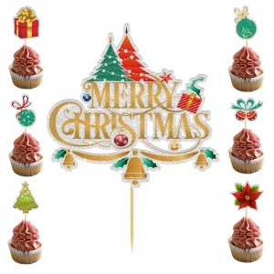 Set Toppere pentru Tort si Prajituri, Flippy, Tematica Craciun, Model Mare Scris Merry Christmas 15.5x14.3 cm, 6 Toppere Mici Modele Variate 5x5 cm, Multicolor - Img 1