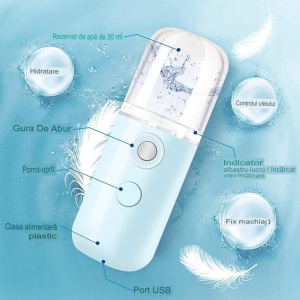 Spray de Hidratare Facială cu Tehnologie Nano, Flippy, Hidratare, Igienizare, Abur Rece, Încărcare USB, Capacitate 30 mL, 10cm, Albastru - Img 4