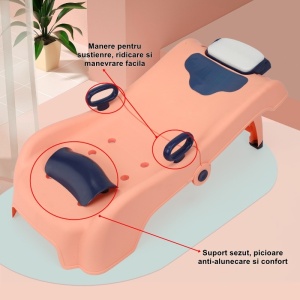 Suport Pliabil pentru Spalat Parul Flippy, Pentru Copii, 0 - 16 ani, cu Picioare Antialunecare, Material Polipropilena, Suport Cap Reglabil, cu Manere, 82 x 40 x 28 cm, Roz pal - Img 2