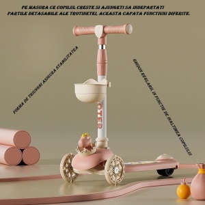 Trotineta Multifunctionala 3 in 1, Flippy, pentru Copii, 1-7 Ani, cu Lumini si Muzica, Reglabil 360, Pliere Usoara, Reglarea Inaltimii, Model Dinozaur, Alb/Roz - Img 2