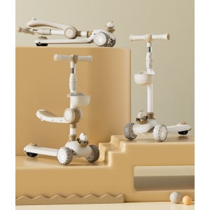 Trotineta Multifunctionala 3 in 1, Flippy, pentru Copii, 1-7 Ani, cu Lumini si Muzica, Reglabil 360, Pliere Usoara, Reglarea Inaltimii, Model Dinozaur, 67-76 x 24 x 55 cm, Alb/Bej - Img 5