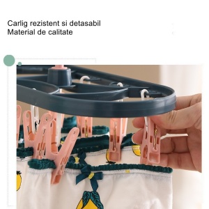 Uscator de Rufe Suspendat Flippy, cu 12 Carlige, Rotire 360 Grade, Protectie Vant, Mateiral Plastic, Usor de Depozitat, Multifunctional, 30 x 12.5 cm, Albastru/Roz - Img 4