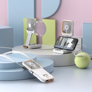 Ventilator Portabil Flippy, 3 in 1, de Mana, de Gat, de Birou, 16.7 x 8 x 1.9 cm, 3 Trepte de Viteza, Incarcare USB, Pliabil, Afisaj Digital, Suport Telefon, Alb - Img 10