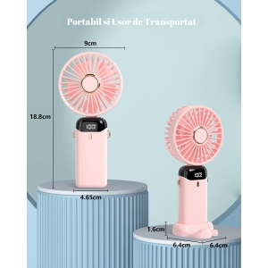Ventilator Ultra Portabil cu Aromaterapie, Flippy, 3 in 1, de Mana, de Birou, de Gat, 5 Trepte de Viteza, Incarcare USB, Autonomie 12h, Pliabil, cu Ecran LCD, Roz - Img 6