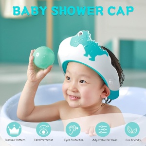 Viziera de Protectie Baie Pentru Copii, Fippy, Model Dinozaur, Dimensiune ajustabila, Durabil, Usor de curatat, Impotriva Samponului, pentru Ochi si Urechi, TPE+PP, 22x21 cm, Albastru - Img 3