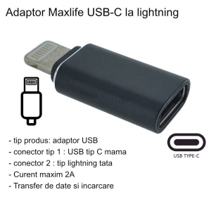 Adaptor Type C (mama) to Lightning (tata) cu Agatatoare Breloc inclusa, Negru - Img 1