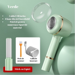 Aparat Pentru Curatat Scame, Par Si Praf, Flippy, Pentru Diferite Tipuri De Material, Cu Lame Din Otel Inoxidabil, Incarcare Prin USB Type-C, Cu Perie De Curatare, Cablu USB Si Stick Cu Lipici Incluse, Verde, 220 x 86 mm - Img 6