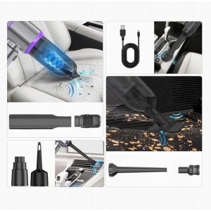 Aspirator Portabil Auto, Flippy, pentru Casa si Masina, 3 Viteze, Incarcator Tip-C cu Incarcare Rapida, Tub Prelungitor, 2000mAh, 7 Capete de Aspirare si Suflare, 21x20x6.5 cm, Argintiu Mov - Img 4