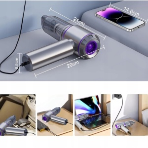 Aspirator Portabil Auto, Flippy, pentru Casa si Masina, 3 Viteze, Incarcator Tip-C cu Incarcare Rapida, Tub Prelungitor, 2000mAh, 7 Capete de Aspirare si Suflare, 21x20x6.5 cm, Argintiu Mov - Img 6
