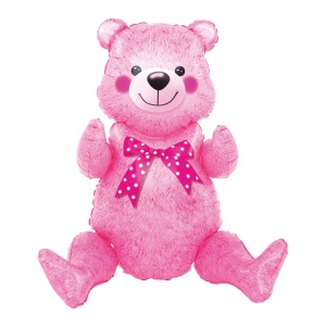 Balon din Folie Metalizata, Flippy, Figurina Animalute, Model Ursulet Asezat, Tematica Aniversare, 44x82.5 cm, Ambalaj Individual, Pai Inclus, Umflare cu Aer sau Heliu, Roz - Img 1