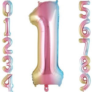 Balon din Folie Metalizata Flippy, Figurina Cifra Gradient, Tema Aniversare 40 cm, Ambalaj Individual, Pai inclus, Umflare cu Aer sau Heliu, Multicolor, Cifra 1 - Img 6