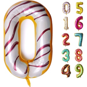 Balon din Folie Metalizata Flippy, Figurina Cifra, Imprimeu Gogosi, Tema Aniversare 100 cm, Ambalaj Individual, Pai inclus, Umflare cu Aer sau Heliu, Multicolor, Cifra 0 - Img 8