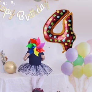 Balon din Folie Metalizata Flippy, Figurina Cifra, Imprimeu Gogosi, Tema Aniversare 100 cm, Ambalaj Individual, Pai inclus, Umflare cu Aer sau Heliu, Multicolor, Cifra 4 - Img 8