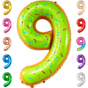 Balon din Folie Metalizata Flippy, Figurina Cifra, Imprimeu Gogosi, Tema Aniversare 100 cm, Ambalaj Individual, Pai inclus, Umflare cu Aer sau Heliu, Multicolor, Cifra 9 - Img 5