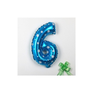 Balon din Folie Metalizata Flippy, Figurina Cifra, Imprimeu Stele, Tema Aniversare 80 cm, Ambalaj Individual, Pai inclus, Umflare cu Aer sau Heliu, Albastru, Cifra 6 - Img 2
