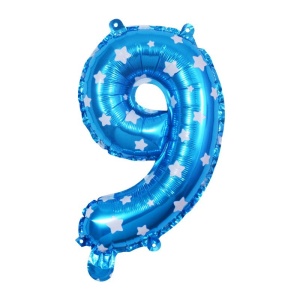 Balon din Folie Metalizata Flippy, Figurina Cifra, Imprimeu Stele, Tema Aniversare 80 cm, Ambalaj Individual, Pai inclus, Umflare cu Aer sau Heliu, Albastru, Cifra 9 - Img 2