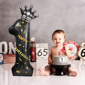 Balon din Folie Metalizata Flippy, Figurina Cifra si Coroana, Scris Happy Birthday, Tema Aniversare 100 cm, Ambalaj Individual, Pai inclus, Umflare cu Aer sau Heliu, Negru, Cifra 1 - Img 9